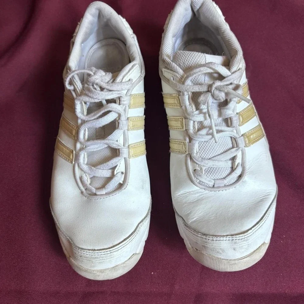 Adidas White & Gold Sneakers Womens Size 9.5 Athletic Training Shoes